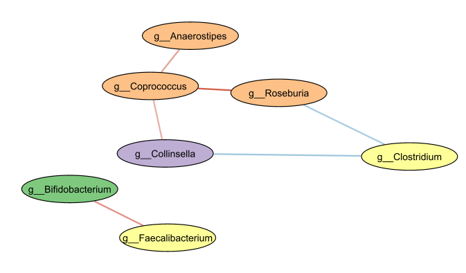 Network with associations linked to degradation of starch and production of butyrate. Negatively-weighted associations are shown in blue, positively-weighted ones in red.